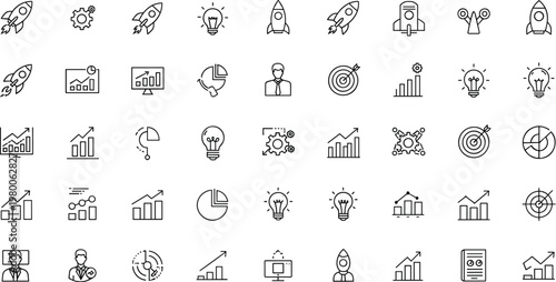 Startup business and growth line icons vector collection with rocket launch charts strategy planning targets innovation and success symbols set