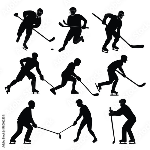 Photography Silhouettes of ice hockey players in dynamic action poses against a plain white