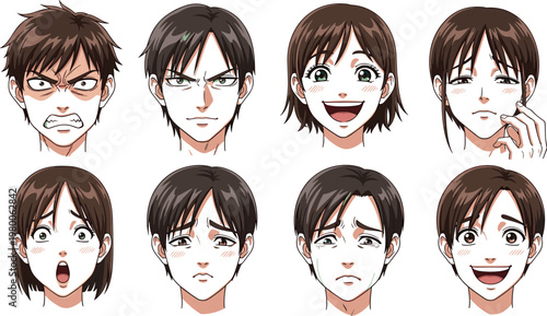 Anime facial expressions set with male and female characters showing emotions like anger, happiness, sadness, surprise and fear in detailed illustration
