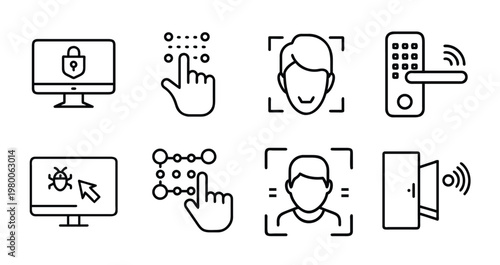Biometric identity and security web line icons set featuring face recognition, smart door lock, fingerprint scan, desktop protection, pattern unlock, and more Vector Illustration with editable stroke.