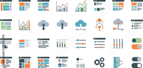 Modern business dashboard UI kit vector illustration with charts graphs data widgets analytics elements and user interface components collection