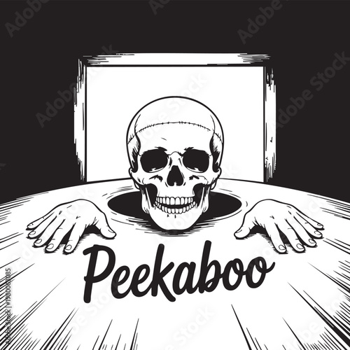 A spooky illustration of a skull peeking through a hole in a table with hands on the surface and the word 'Peekaboo' written below, set against a dark background with a framed window.