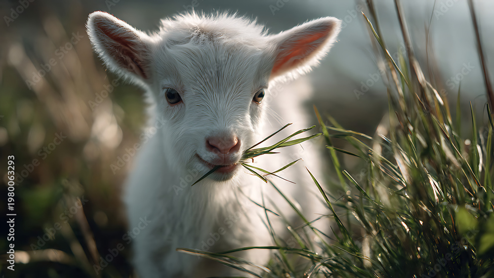 Obraz premium Adorable white baby goat eating grass in a field looking at the camera with a cute expression on its face outdoors