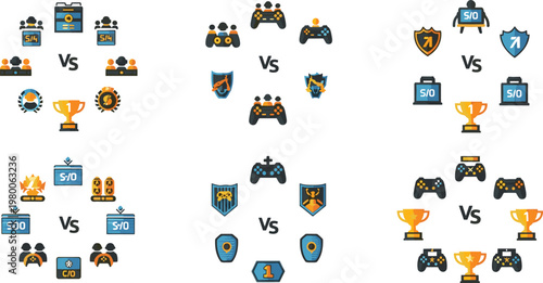 Esports versus icons set with controllers trophies shields rankings and competitive gaming match elements in flat vector illustration style