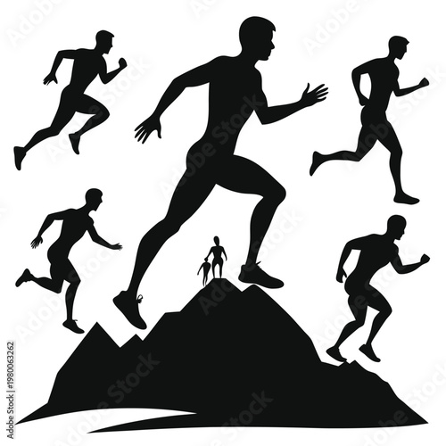 Silhouettes of runners ascending a mountain depicting athleticism and overcoming challenges high quality