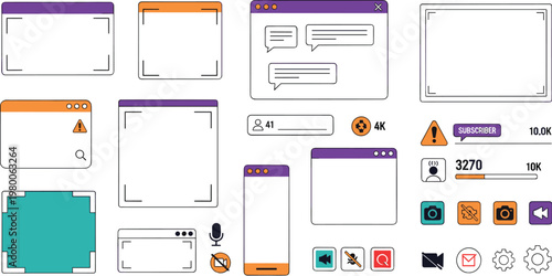 Streaming overlay UI elements set with frames panels alerts chat boxes and control icons for live broadcast interface in flat vector illustration style