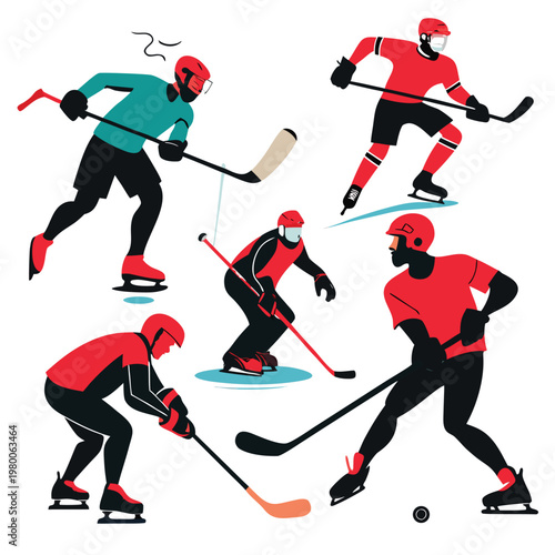 Canvas Print Stylized illustration of several ice hockey players in dynamic action poses on t