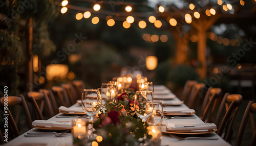 Elegant outdoor wedding reception dinner table setting illuminated by warm string lights