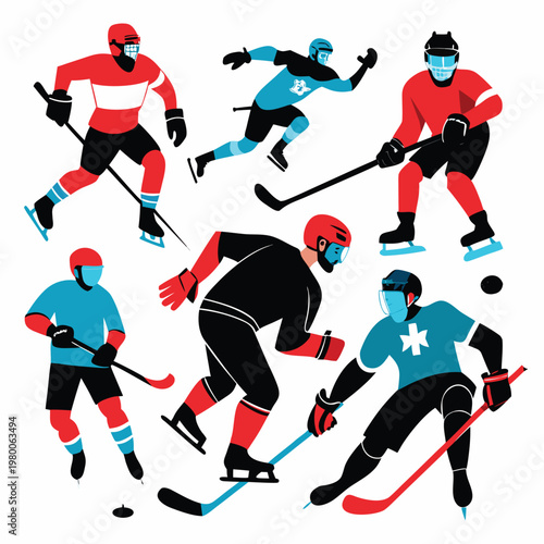 Canvas Print A stylized illustration depicts several ice hockey players in dynamic action pos