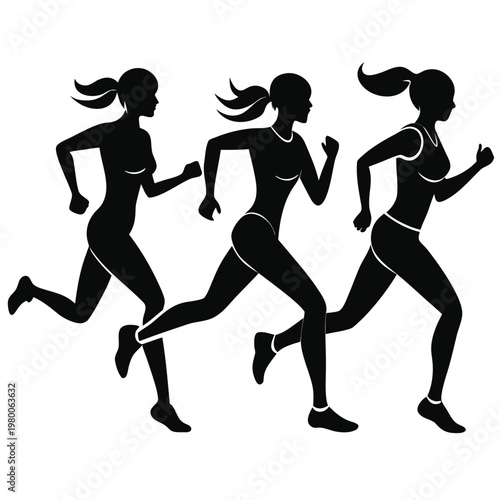 Three female silhouettes are dynamically running forward showcasing athleticism and movement high quality