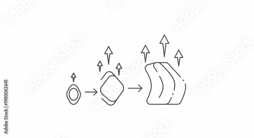 Geometric shapes evolving with upward arrows represent the progression of product development and iterative design cycles in a technical engineering workflow for manufacturing innovative industrial.