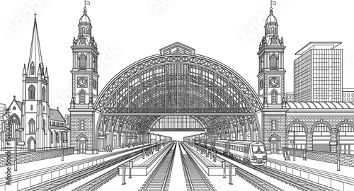 Historic railway station with arched glass roof tracks and trains detailed urban transport architecture line illustration perspective