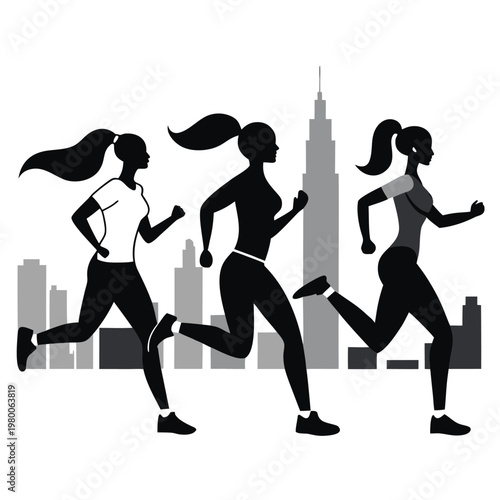 Three female runners silhouetted against a cityscape suggesting urban fitness and athleticism