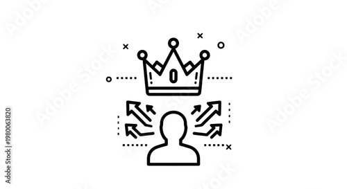Crown icon floating above a human silhouette figure with directional arrows signifies leadership development and executive coaching concepts for personal growth within a professional corporate.