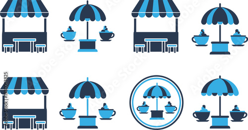 Assortment of outdoor coffee stall icons for street food vendors and park kiosks with tables and umbrellas.