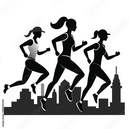 Three female runners silhouette against a city skyline depicting athleticism and urban movement