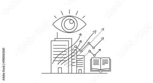 Skyscrapers and rising financial charts appear under a watchful eye icon as a symbol of corporate growth, market analysis, and economic development strategies for modern business expansion planning.