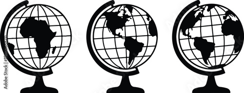 Three black globe silhouettes on white background showing continents world earth