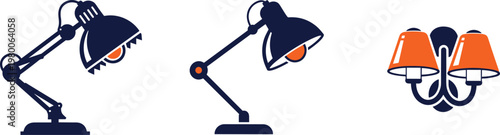 Collection of various desk lamps and wall-mounted light fixtures, dark blue and orange colors.