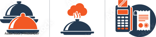 Food cloches with steam and credit card machine for restaurant service business finance and technology symbols.