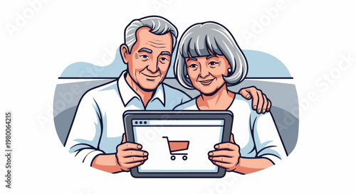 Elderly couple happily using a tablet device for online shopping