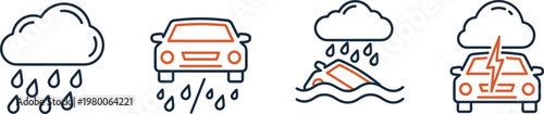 Extreme weather and flood conditions icons featuring car in rain storm lightning bolt and vehicle submerged in deep water.