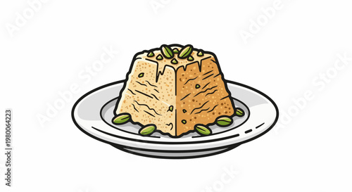 A cartoon-style dessert with pistachios on a white plate