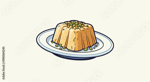 A stylized illustration of a dessert resembling a flan topped with nuts