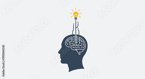 Silhouette of head with brain and illuminated idea bulb
