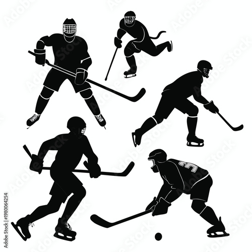 Silhouettes of hockey players in various action poses showcasing the sport s dynamic movements