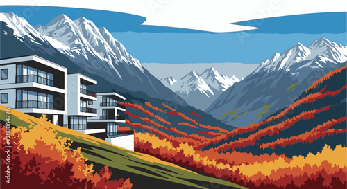 Modern architecture nestled in a vibrant, autumn mountain valley