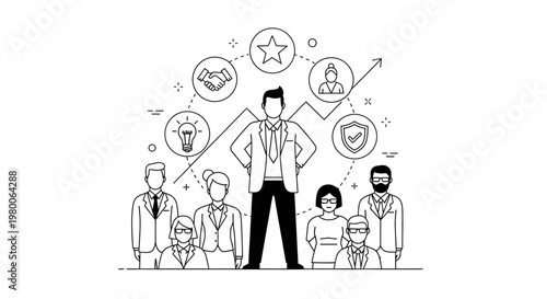 Leader standing prominently among a diverse group of professionals surrounded by conceptual icons displays strong teamwork and corporate synergy for achieving organizational goals and future success.