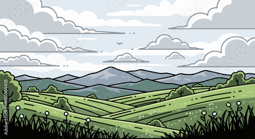 Rolling green hills under a dramatic, cloudy sky with distant mountains