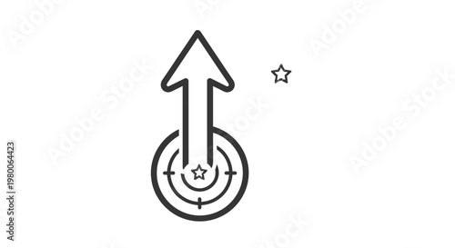 Arrow pointing upward from a circular target base represents the concept of rapid growth and reaching high goals within a strategic financial or performance metric analysis for business development.