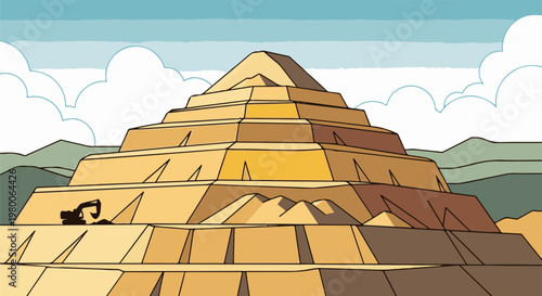 A stepped, pyramid-shaped open-pit mine with an excavator working on the lower levels