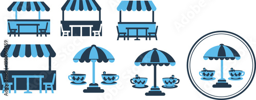 Outdoor cafe terrace icons set with umbrellas tables chairs and tea cups for restaurant menu design or coffee shop logo.