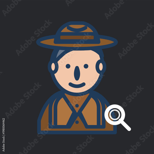 Detective icon with magnifying glass, investigation symbol, vector