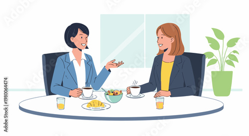 Two women in suits having coffee and breakfast at a table