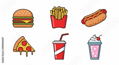 A collection of six delicious fast food illustrations hamburger, fries, hot dog, pizza, soda, shake