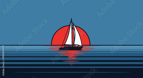 A sailboat glides on the ocean with a vibrant sun setting behind it