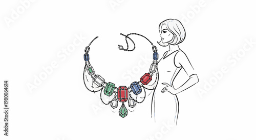 Elegant woman in a dress admiring a large, colorful gemstone necklace
