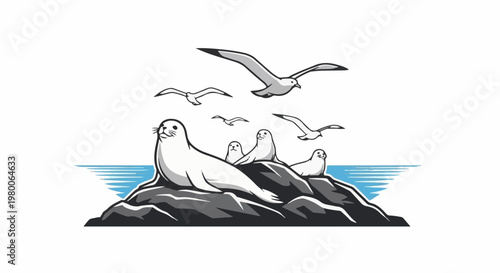 Several seals rest on rocky islands as seagulls fly above