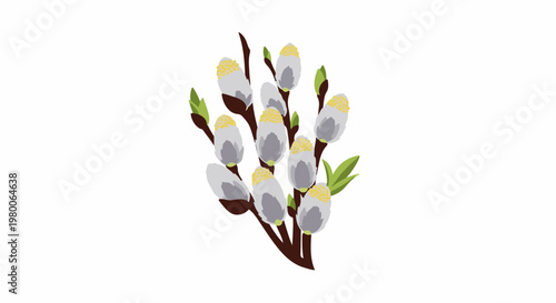 Bunch of soft catkins and green leaves on brown branches