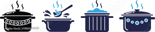 Set of kitchen boiling pot icons in flat style for cooking apps and recipe design projects with steam and bubbles isolated.
