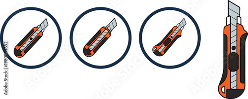 Set of utility knife vector illustrations, depicting retractable blade cutters in various positions.