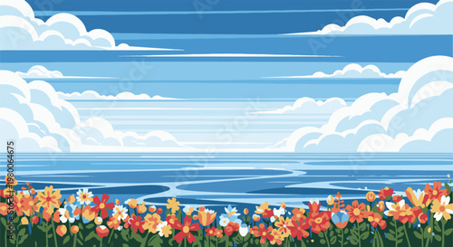 Vibrant pixel art depicts a serene seascape with colorful wildflowers in the foreground