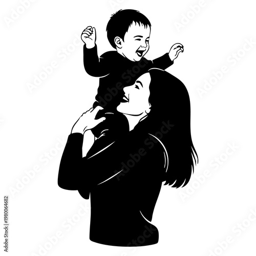 Joyful Mother's Day illustration: young mother happily carrying laughing baby on her shoulders, celebrating love and family bonding.