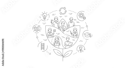 Flower structure contains diverse professionals working together to illustrate team collaboration and corporate culture within a growing organization that values education and collective development.