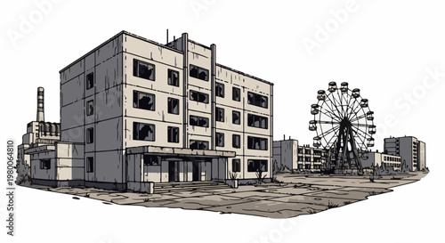 Abandoned buildings and Ferris wheel in a desolate urban landscape