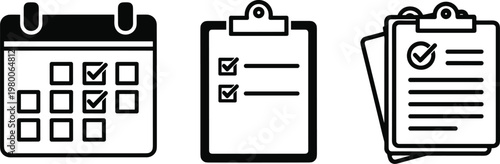 Three black silhouette icons depicting a calendar with checked dates and two clipboards with checklists.